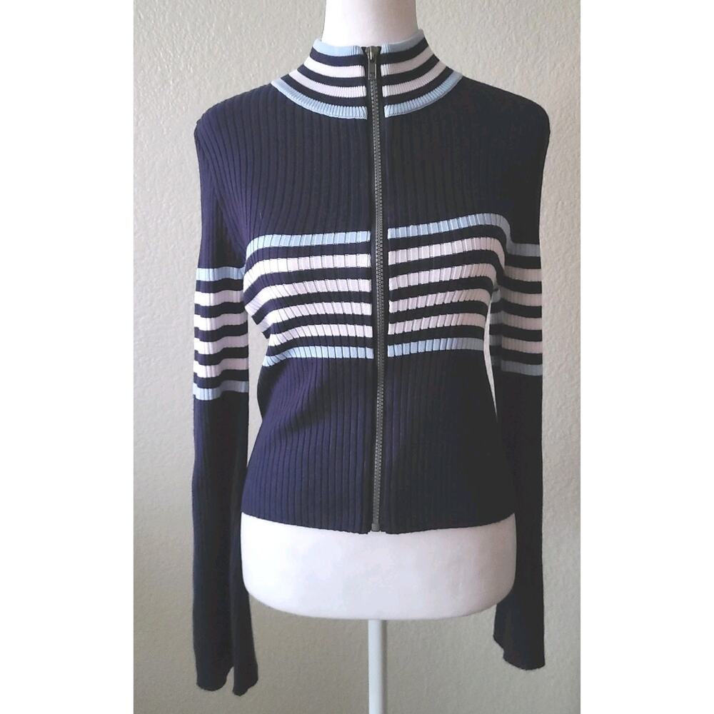 Preppy Academia Cardigan Sweater M Full‎ Zip Navy Blue Stripe Nautical Twee Ivy